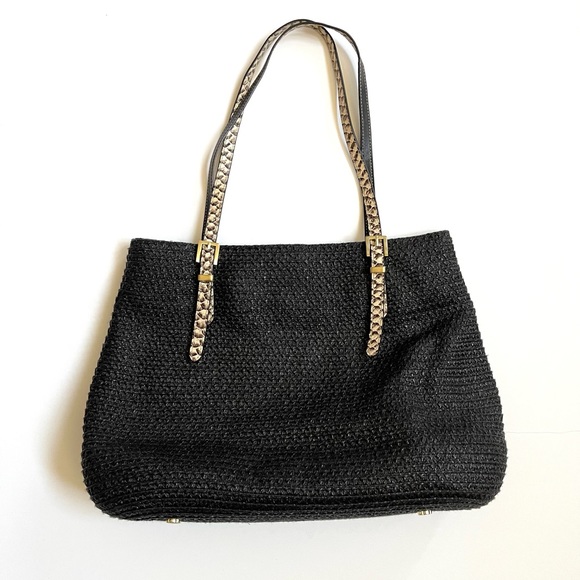 Eric Javitz black straw tote bag with leather handles squishee - Picture 4 of 14